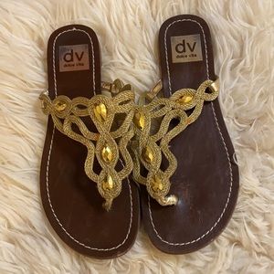 DV Dolce Vita gold strappy braided rope sparkle gem thong flat sandals size 6